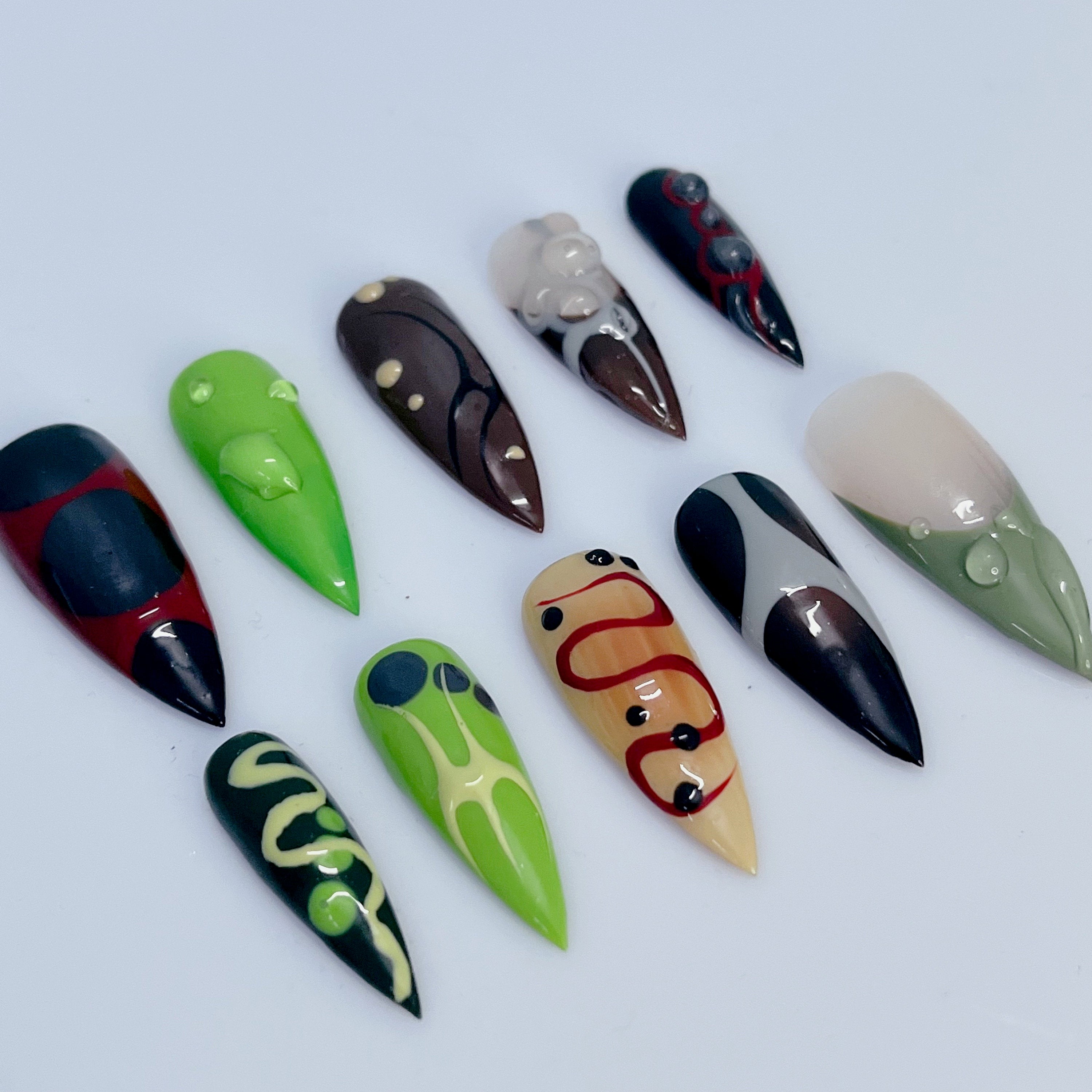 Fall Colour Short Almond Press On Nails Goth, Handpainted Acrylic Gothic Fake Nails, Y2K Emo Nails