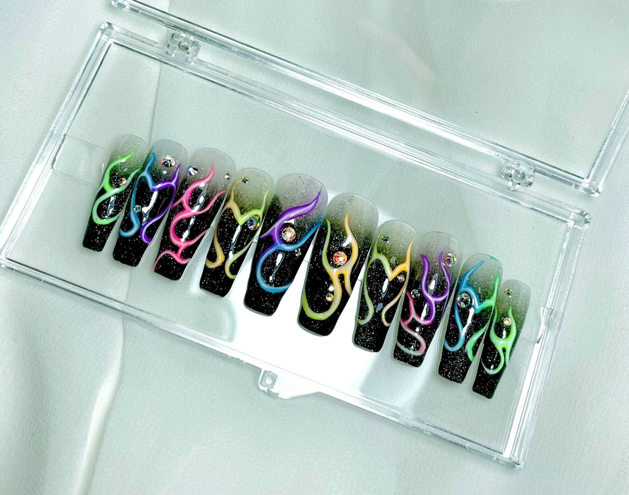 Colorful Flaming Long Stiletto Press On Nails, Handpainted Aura Fake Nails, Custom Made False Nails for Birthday Party