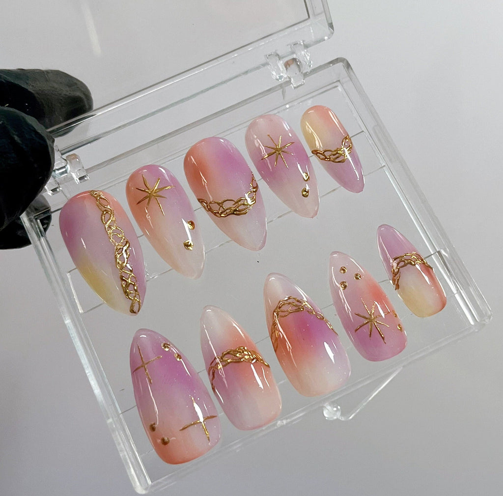 LNA0026 - Metallic Gold Stars Short Almond Press On Nails, Luxury Handpainted Acrylic Pink Ombre Fake Nails, Elegant Birthday Party Nails
