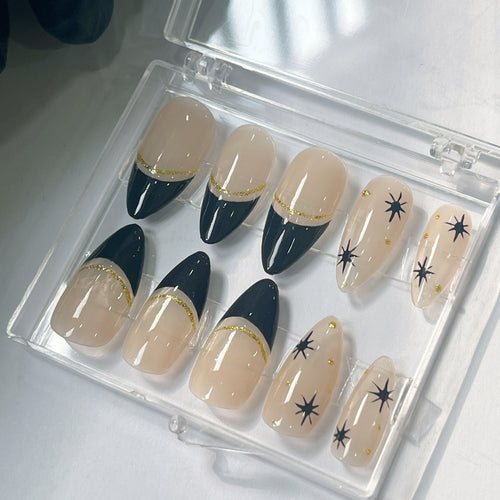 Black Stars Press On Nails, Black Almond Nails, Black French Tip Fake Nails, Handpainted False Nails, Trendy Glue on Nails, Luxury Nail Art
