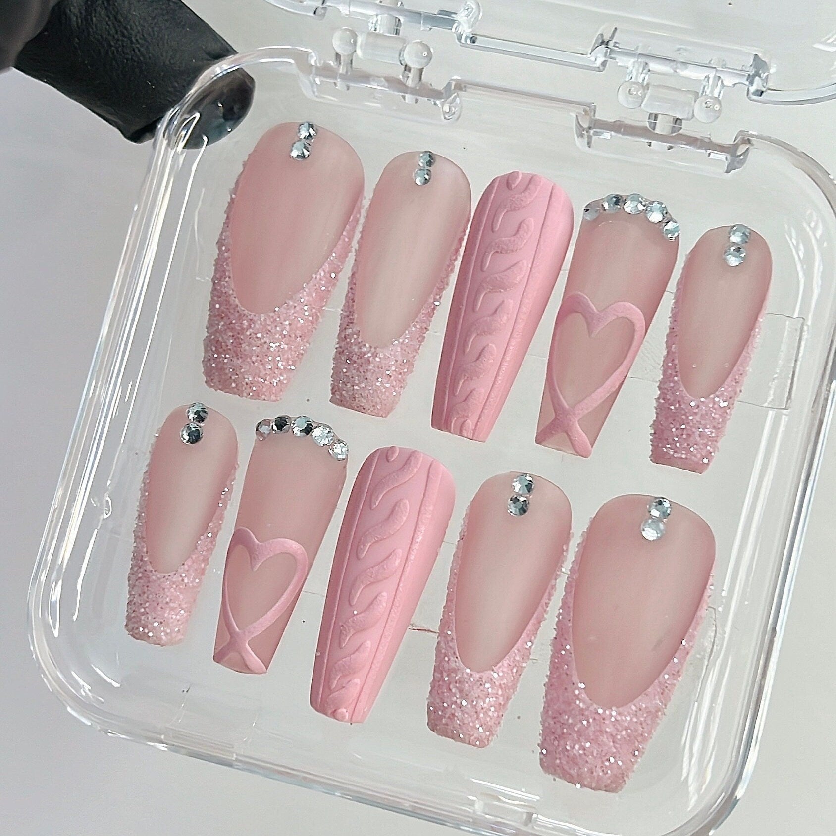 Pink French Tip with Heart Extra Long Coffin Press On Nails, Luxury Fake Nails, False Nails, Glue On Nails
