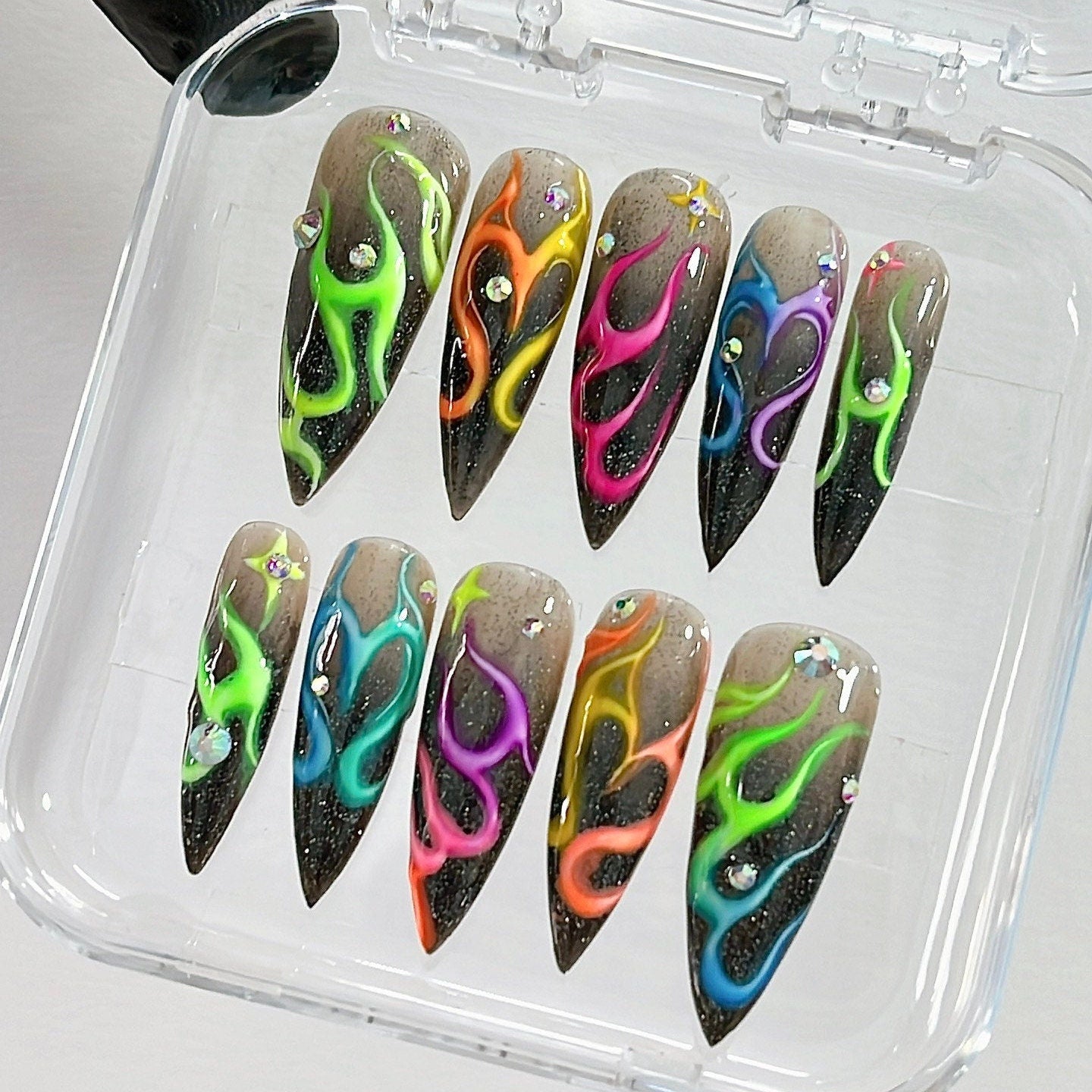 Colorful Flaming Long Stiletto Press On Nails, Handpainted Aura Fake Nails, Custom Made False Nails for Birthday Party