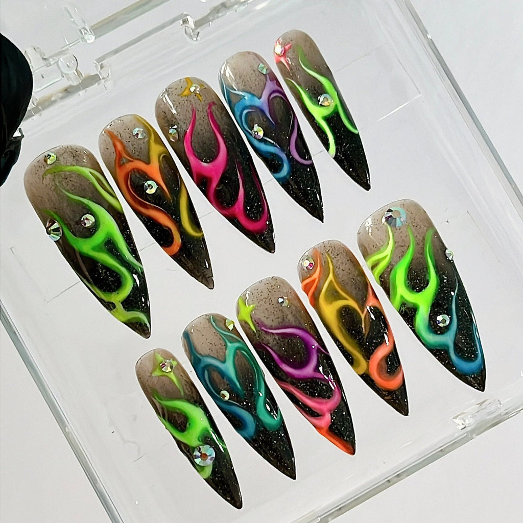 Colorful Flaming Long Stiletto Press On Nails, Handpainted Aura Fake Nails, Custom Made False Nails for Birthday Party