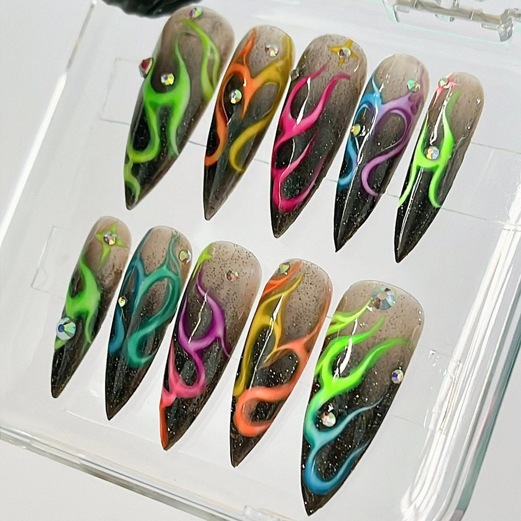 Colorful Flaming Long Stiletto Press On Nails, Handpainted Aura Fake Nails, Custom Made False Nails for Birthday Party