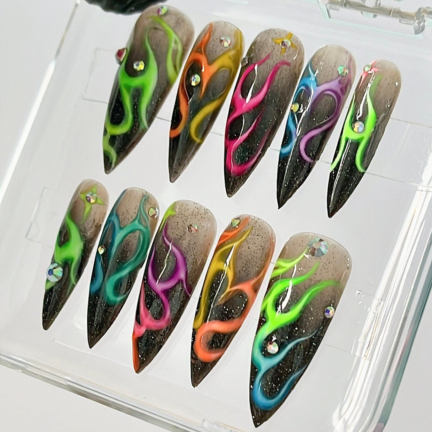 Colorful Flaming Long Stiletto Press On Nails, Handpainted Aura Fake Nails, Custom Made False Nails for Birthday Party