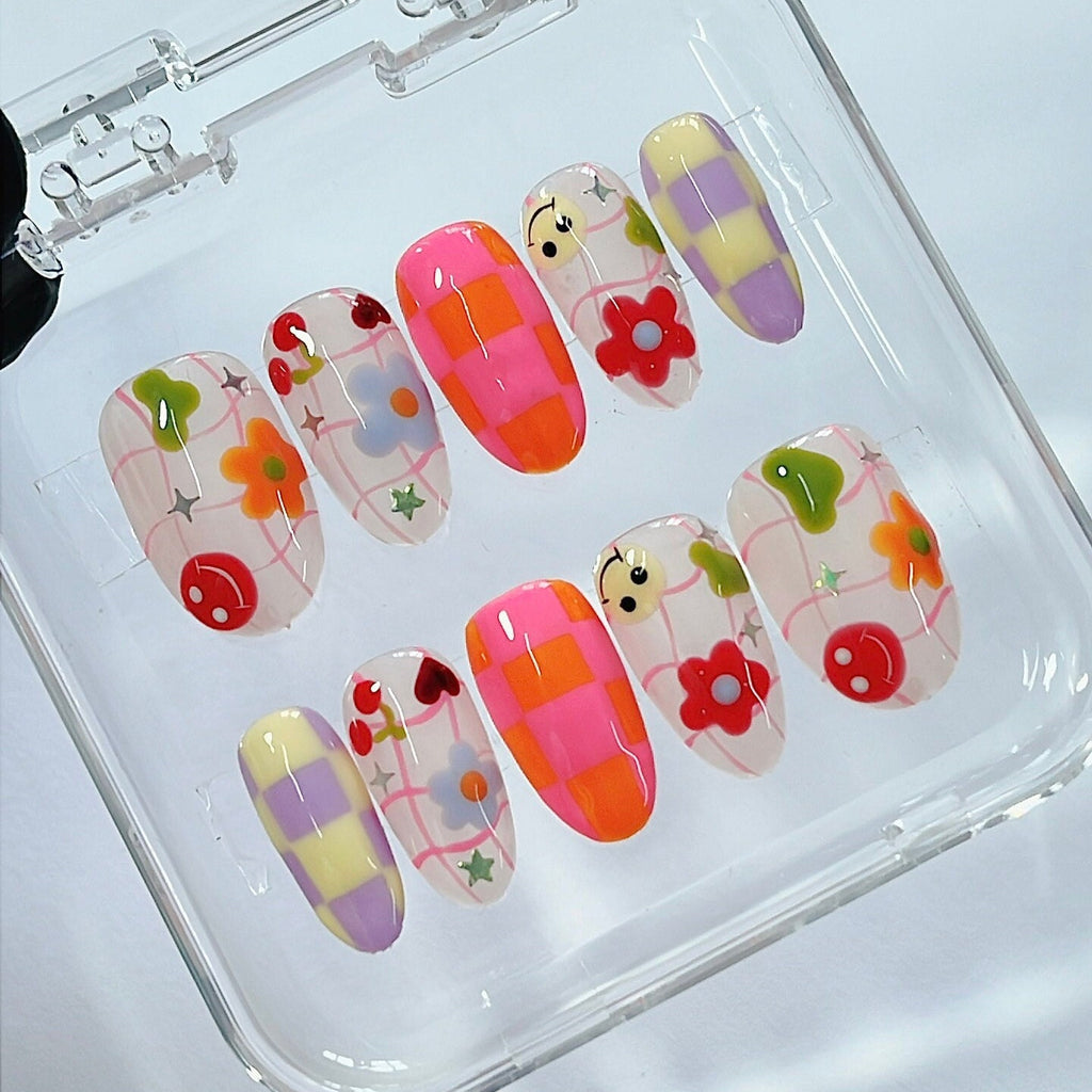Colorful Checkered and Flower, Funface On Almond Press On Nail, Custom Handpainted Fake/False Nail, Floral Nails, Spring Nails