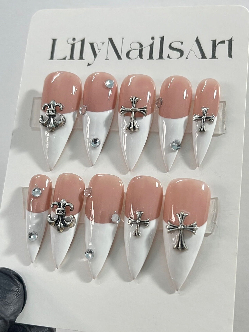 White French Tip with Silver Cross Short Coffin Press on Nail, Custom Acrylic Fake/False Nail, Glue on Nail, Gel Nail Art, Gift For Her/BFF