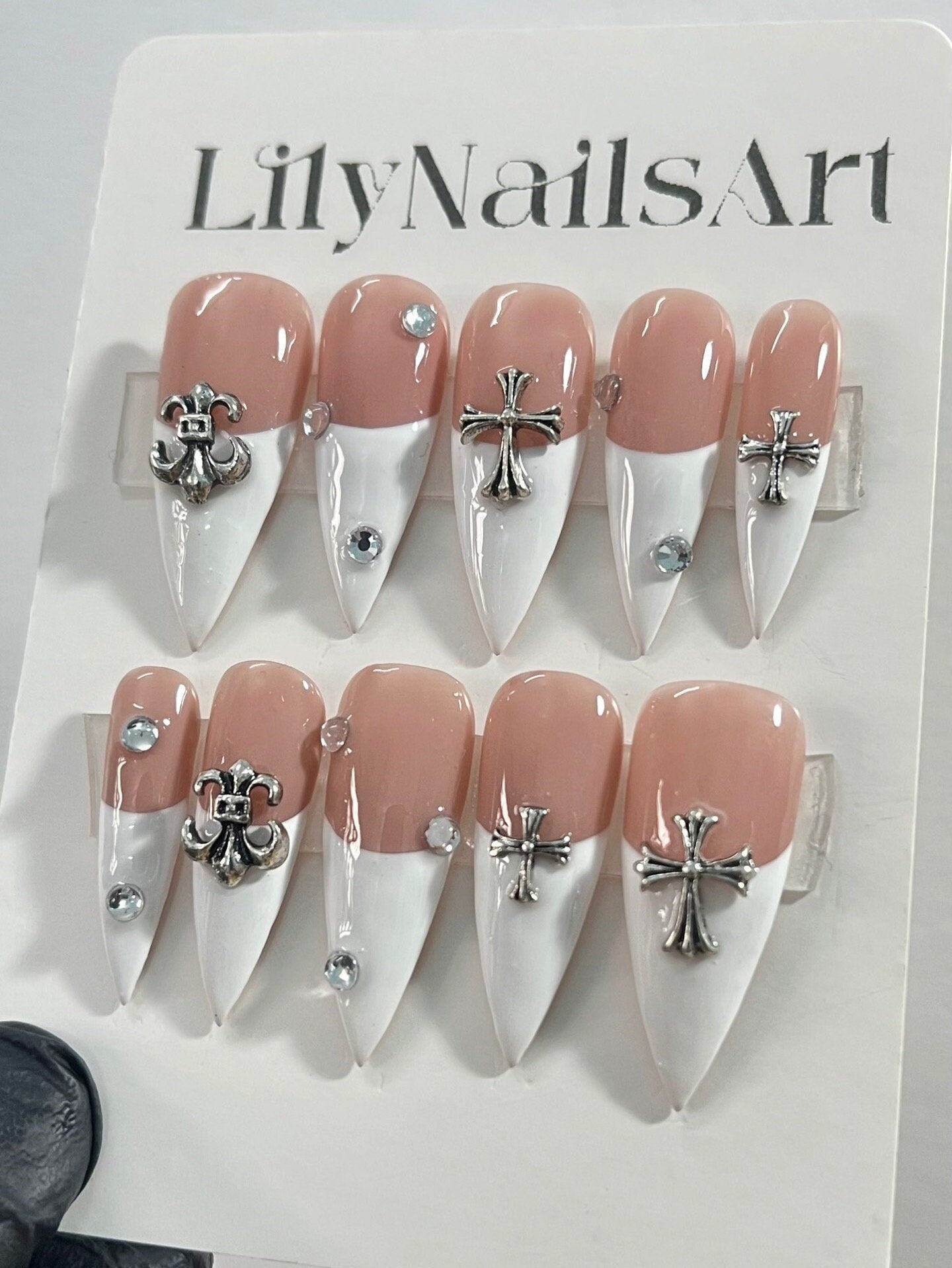 White French Tip with Silver Cross Short Coffin Press on Nail, Custom Acrylic Fake/False Nail, Glue on Nail, Gel Nail Art, Gift For Her/BFF