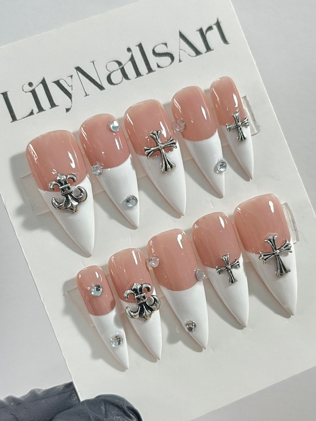 White French Tip with Silver Cross Short Coffin Press on Nail, Custom Acrylic Fake/False Nail, Glue on Nail, Gel Nail Art, Gift For Her/BFF