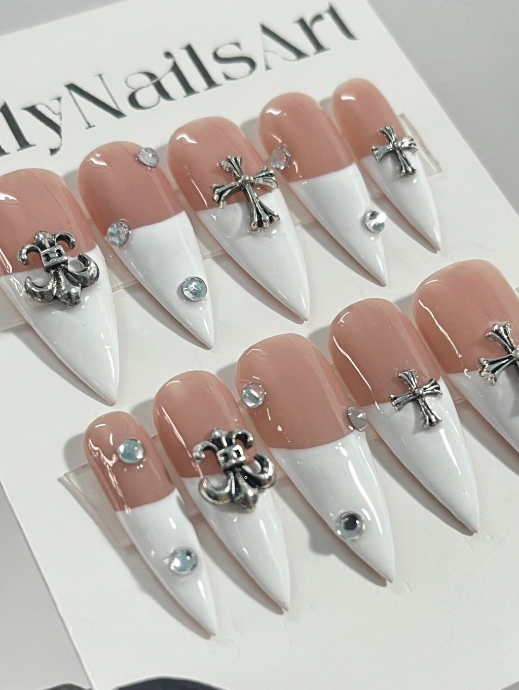 White French Tip with Silver Cross Short Coffin Press on Nail, Custom Acrylic Fake/False Nail, Glue on Nail, Gel Nail Art, Gift For Her/BFF