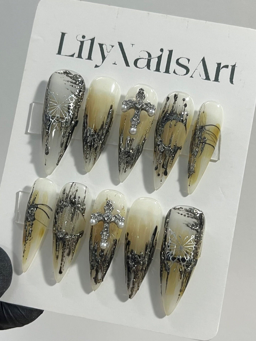 Silver Cross & Metallic Chrome On Gold Long Stiletto Press On Nails Goth, Custom Handpainted Acrylic Fake Nails, Y2K Nails