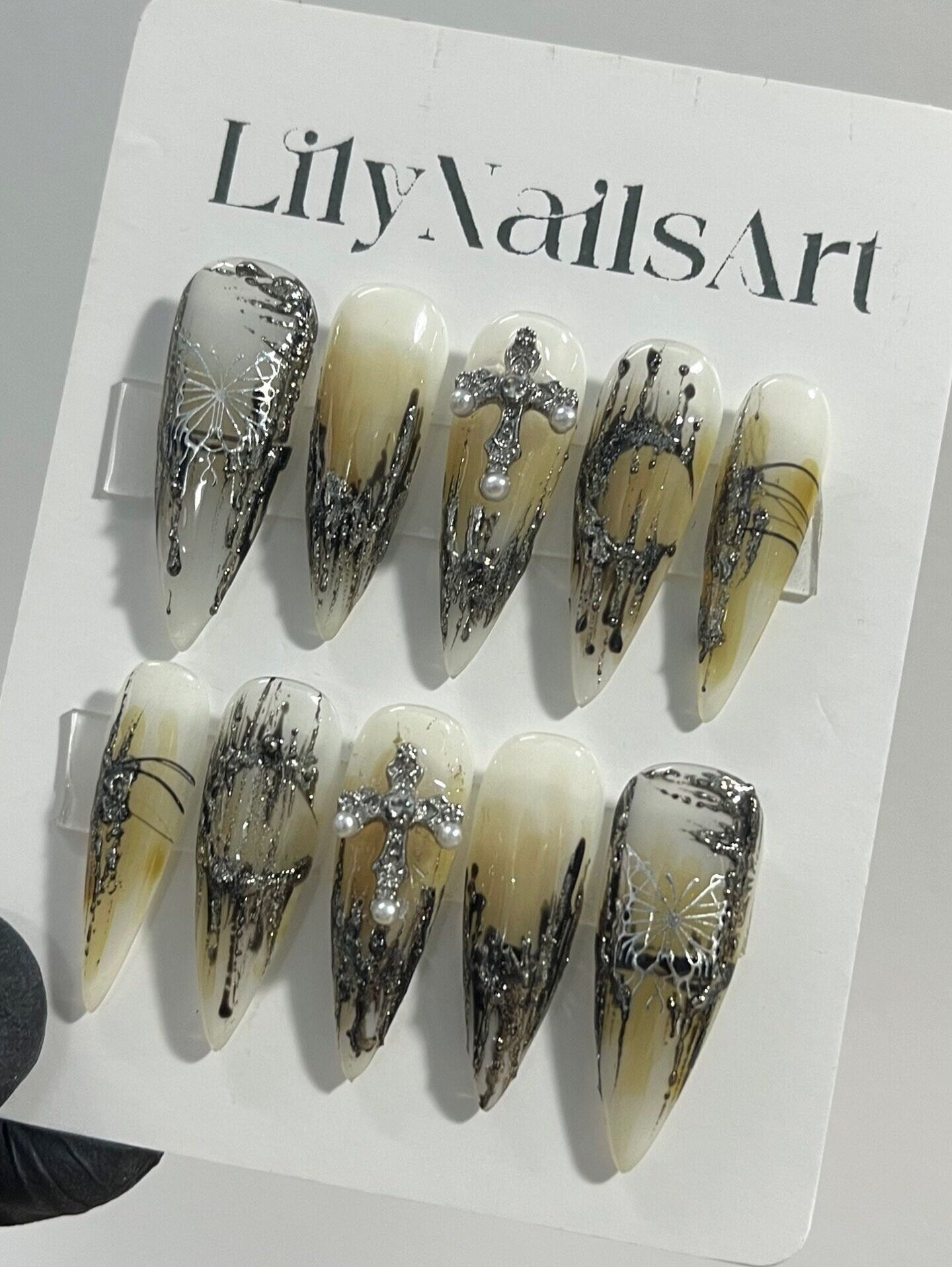 Silver Cross & Metallic Chrome On Gold Long Stiletto Press On Nails Goth, Custom Handpainted Acrylic Fake Nails, Y2K Nails