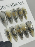 Silver Cross & Metallic Chrome On Gold Long Stiletto Press On Nails Goth, Custom Handpainted Acrylic Fake Nails, Y2K Nails