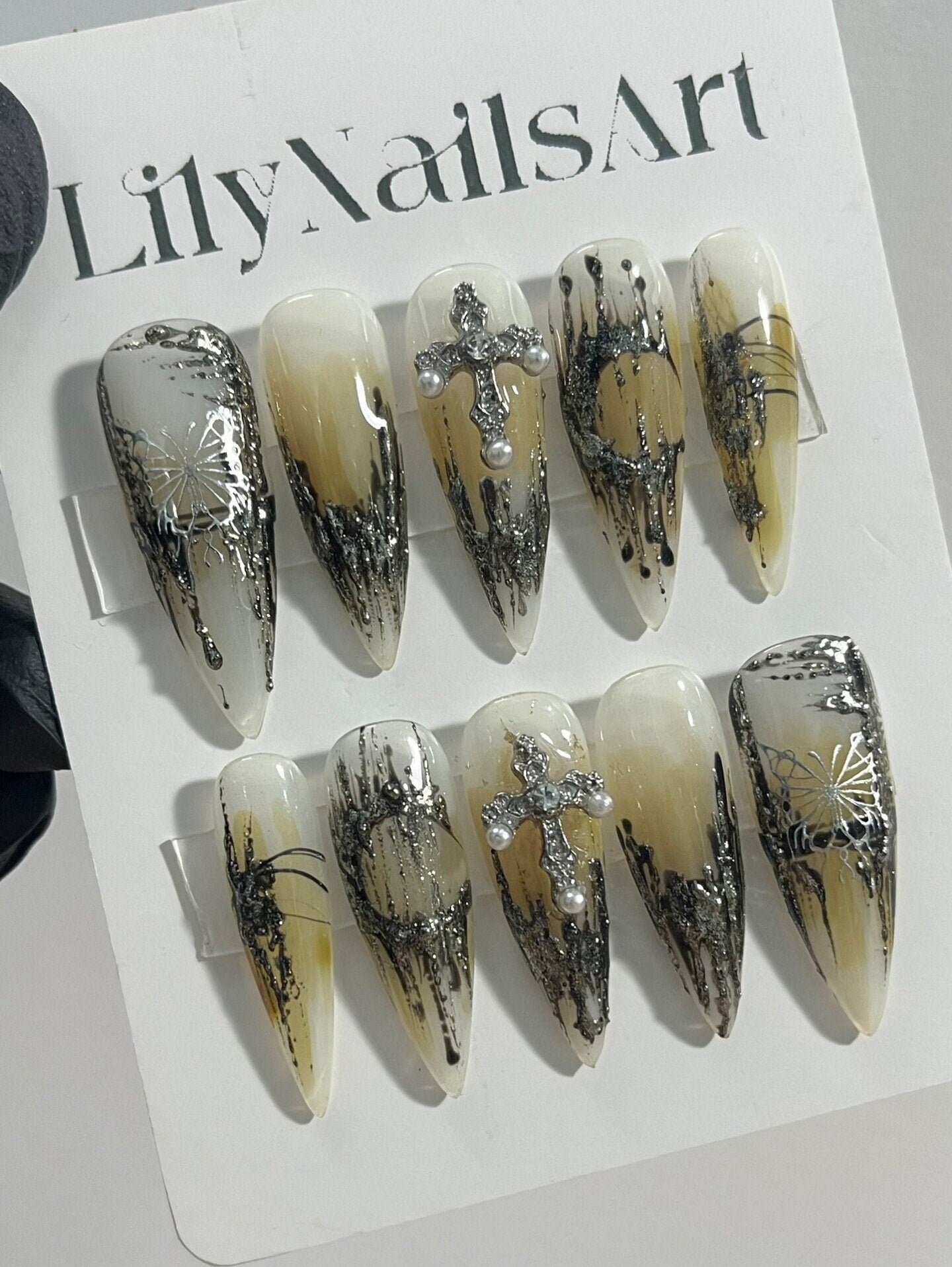Silver Cross & Metallic Chrome On Gold Long Stiletto Press On Nails Goth, Custom Handpainted Acrylic Fake Nails, Y2K Nails