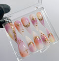 LNA0026 - Metallic Gold Stars Short Almond Press On Nails, Luxury Handpainted Acrylic Pink Ombre Fake Nails, Elegant Birthday Party Nails