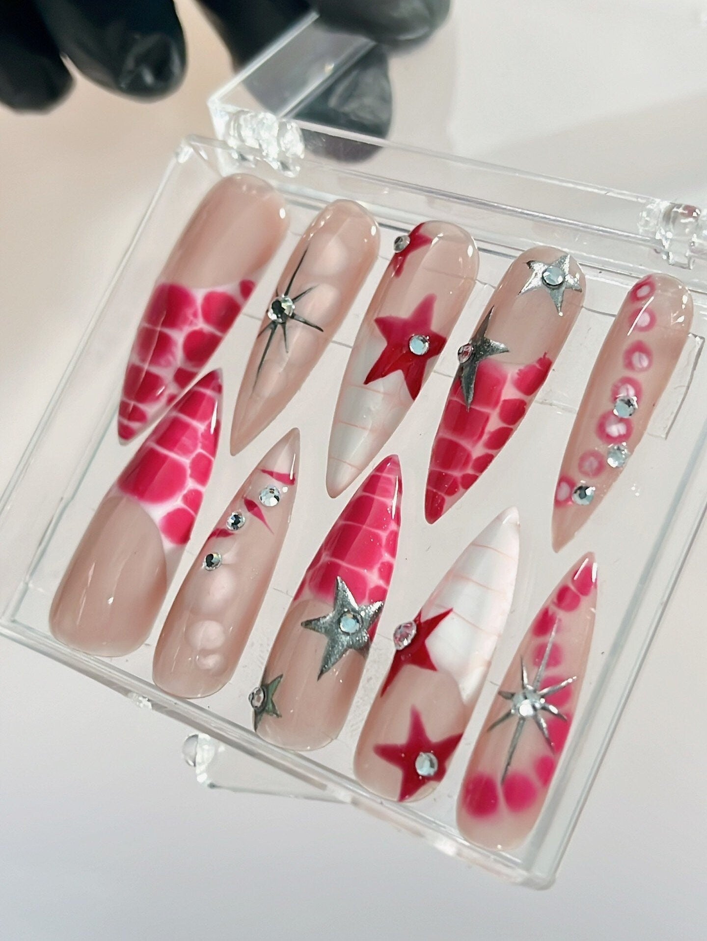 White and Red French Tip With Stars Long Stiletto Press On Nails Goth, Custom Gothic Fake Nails, Emo Y2K Nude Nails