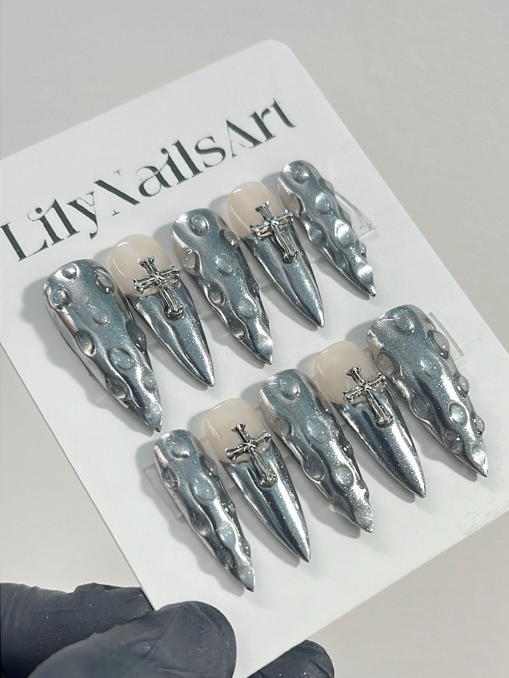 Silver French Tip with Antique Silver Cross and 3D Drops Long Stiletto Press On Nails Goth, Gothic Fake Nails, Y2K