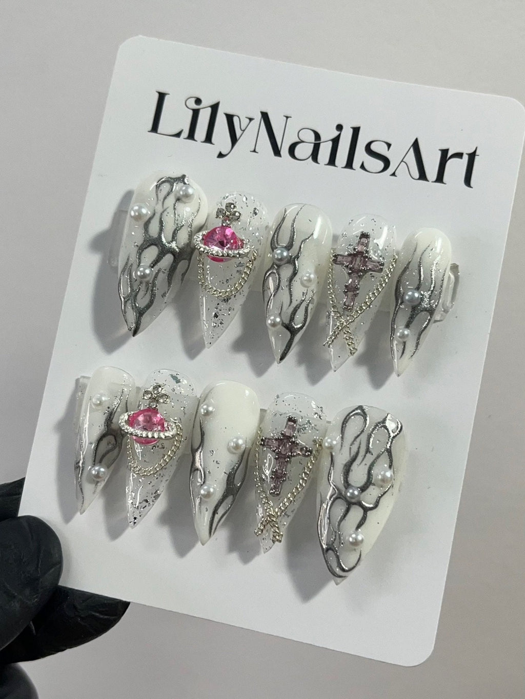 Free Style Mettalic With Pink Planet & Cross Long Stiletto Press On Nails, Handpainted Gothic Fake Nails, Y2K Emo Chrome Nails