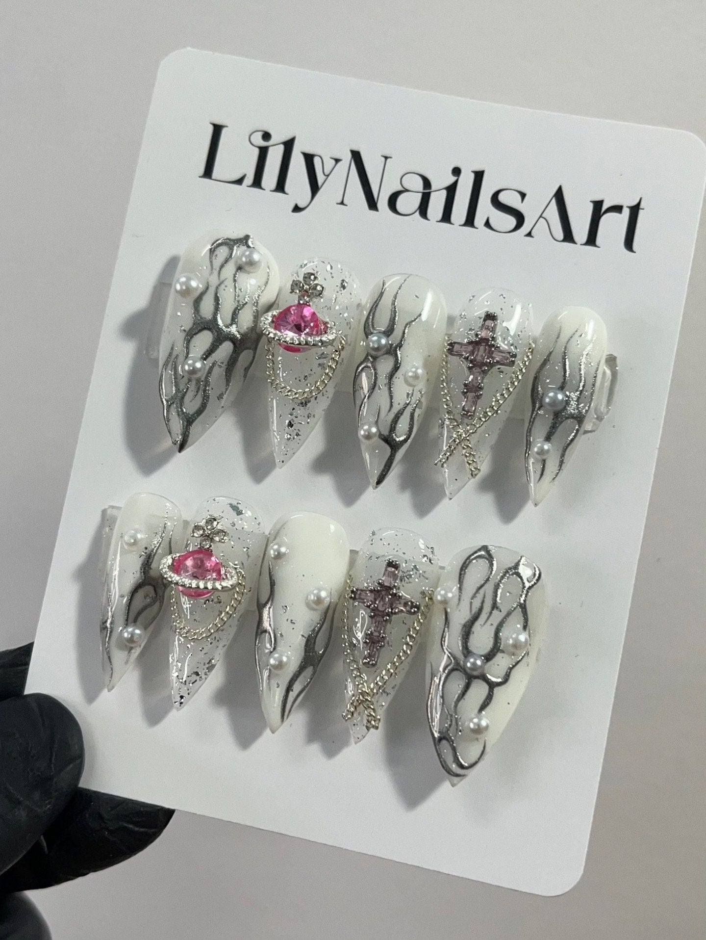 Free Style Mettalic With Pink Planet & Cross Long Stiletto Press On Nails, Handpainted Gothic Fake Nails, Y2K Emo Chrome Nails