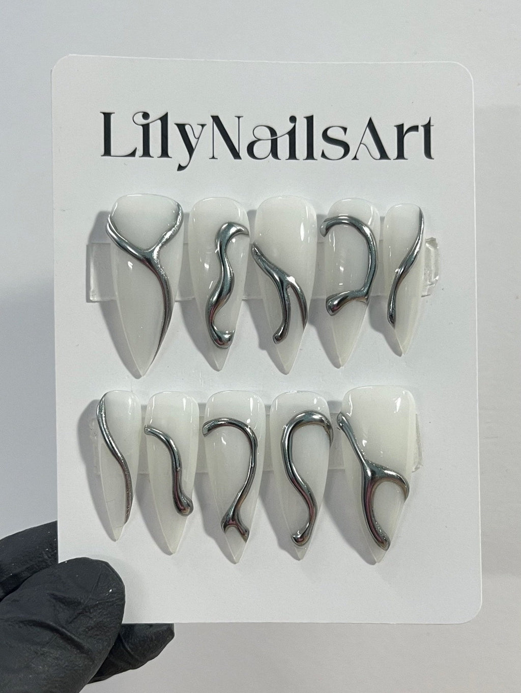 3D Gel Metallic Silver On Milky White Stiletto Press on Nail Goth, Custom Luxury Handpained Gothic Fake Nails, Emo Y2K