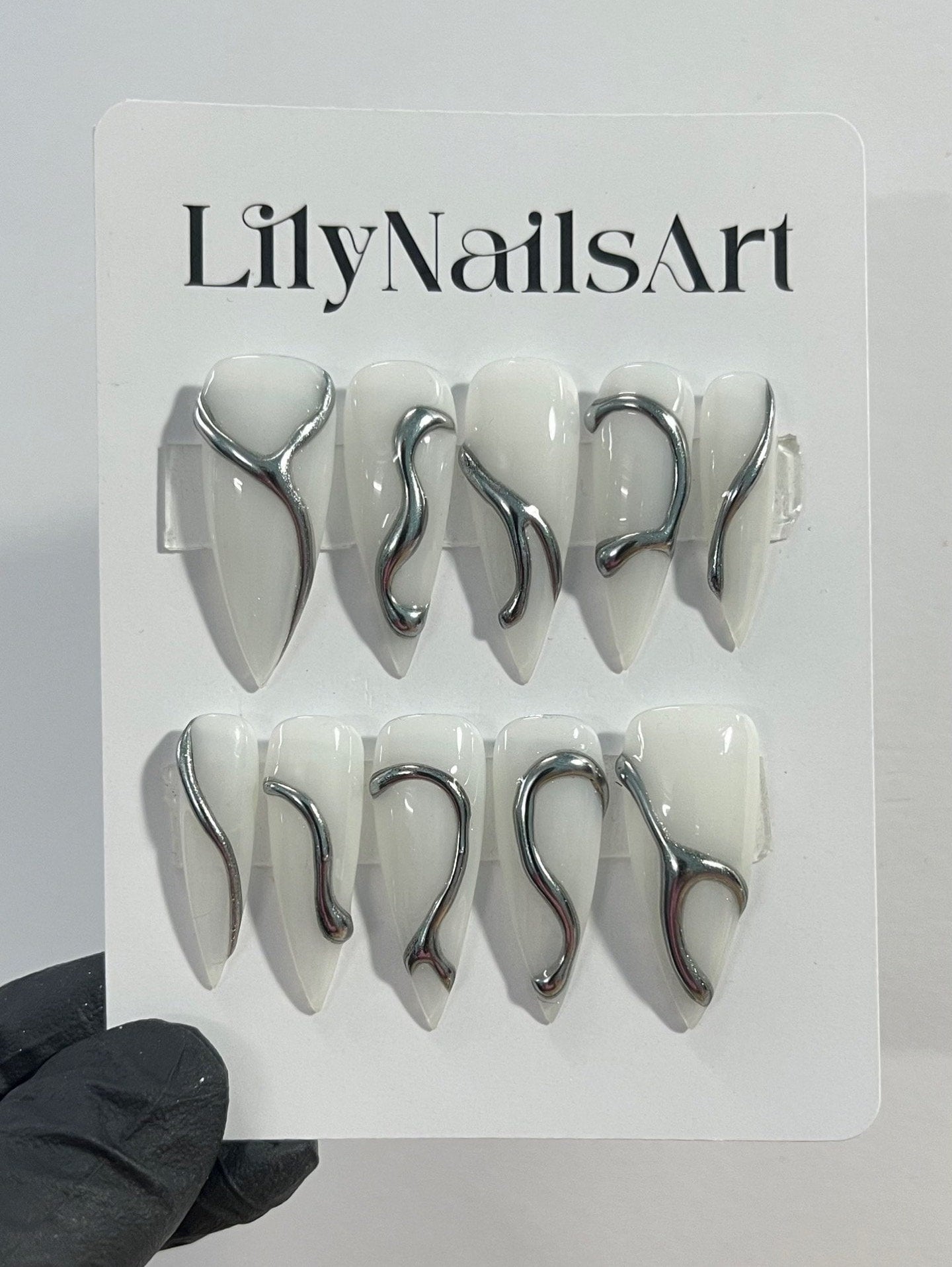 3D Gel Metallic Silver On Milky White Stiletto Press on Nail Goth, Custom Luxury Handpained Gothic Fake Nails, Emo Y2K
