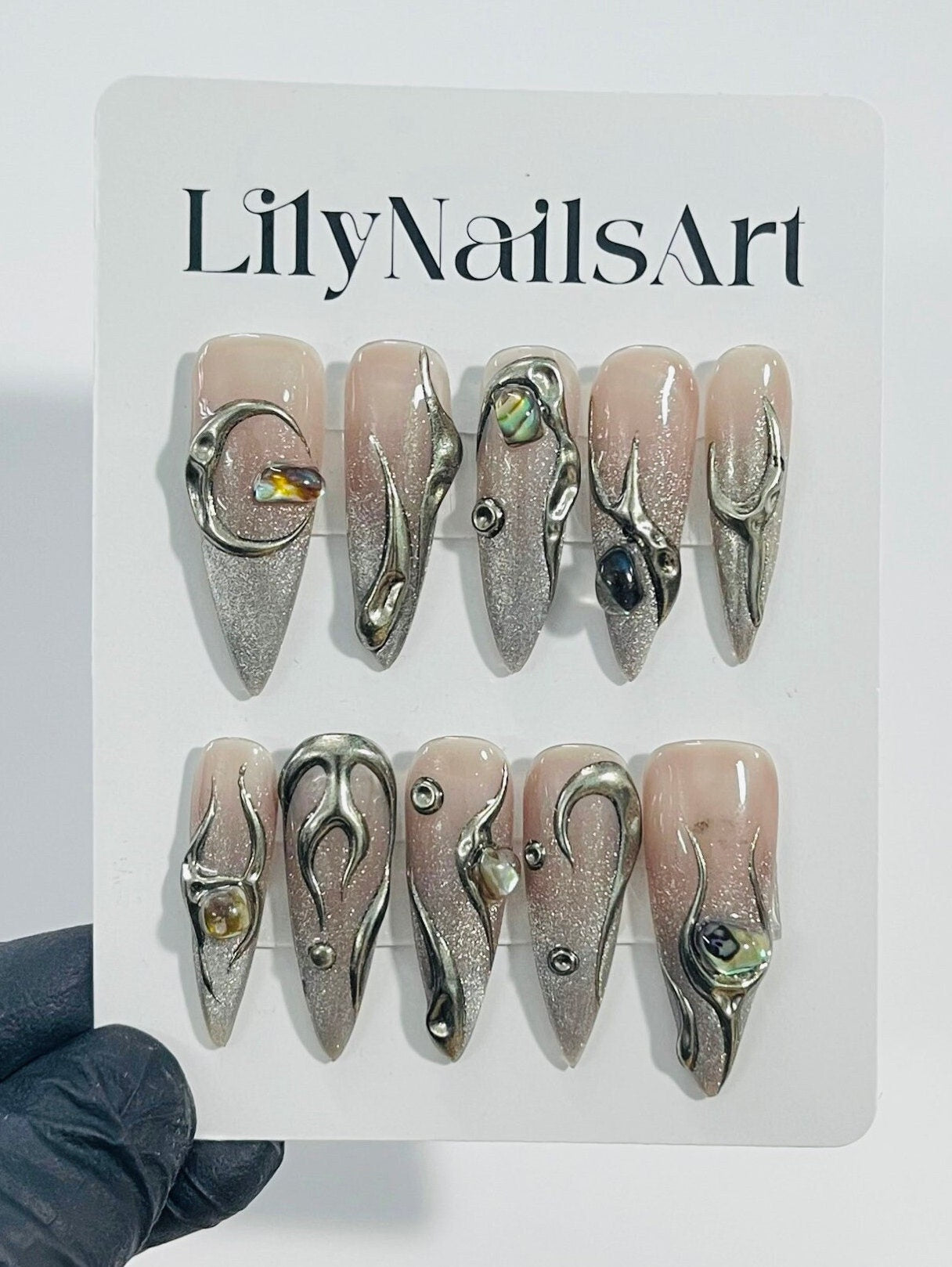 Hand-Painted Gothic Fake Nails | Free Style Metallic Silver on Nude Press-On Nails Goth | Y2K Emo Chrome Nails | Unique Handmade Nail Art