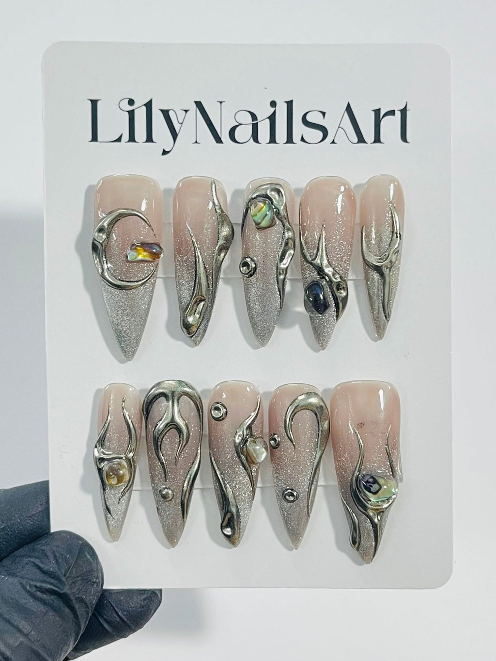 Hand-Painted Gothic Fake Nails | Free Style Metallic Silver on Nude Press-On Nails Goth | Y2K Emo Chrome Nails | Unique Handmade Nail Art