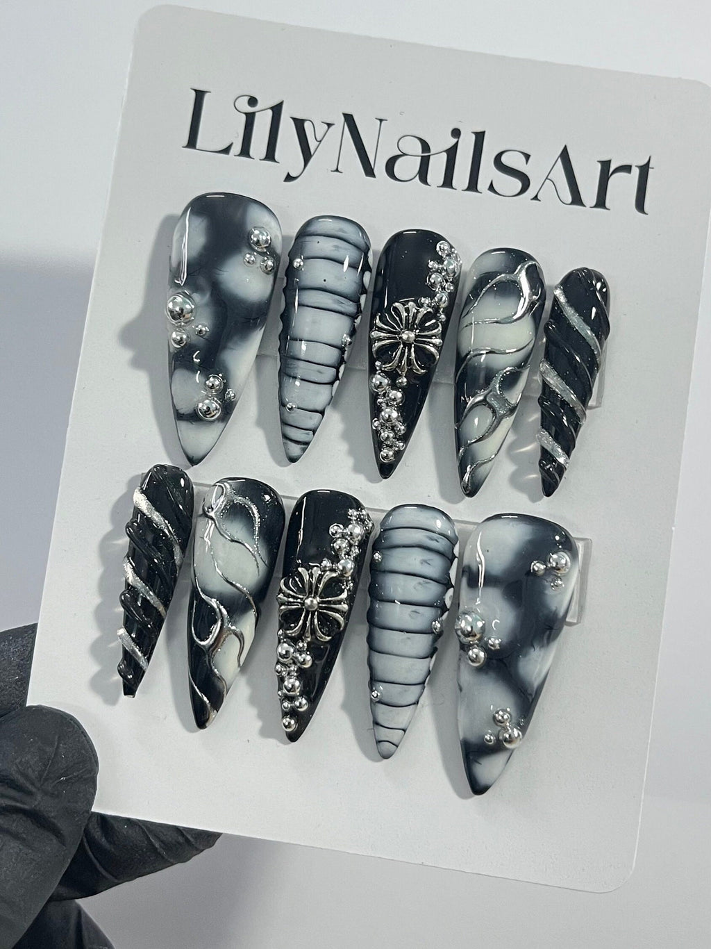 3D Drops Silver on Black Base Silver Cross Long Stiletto Press On Nails Goth , Gothic Fake Nails