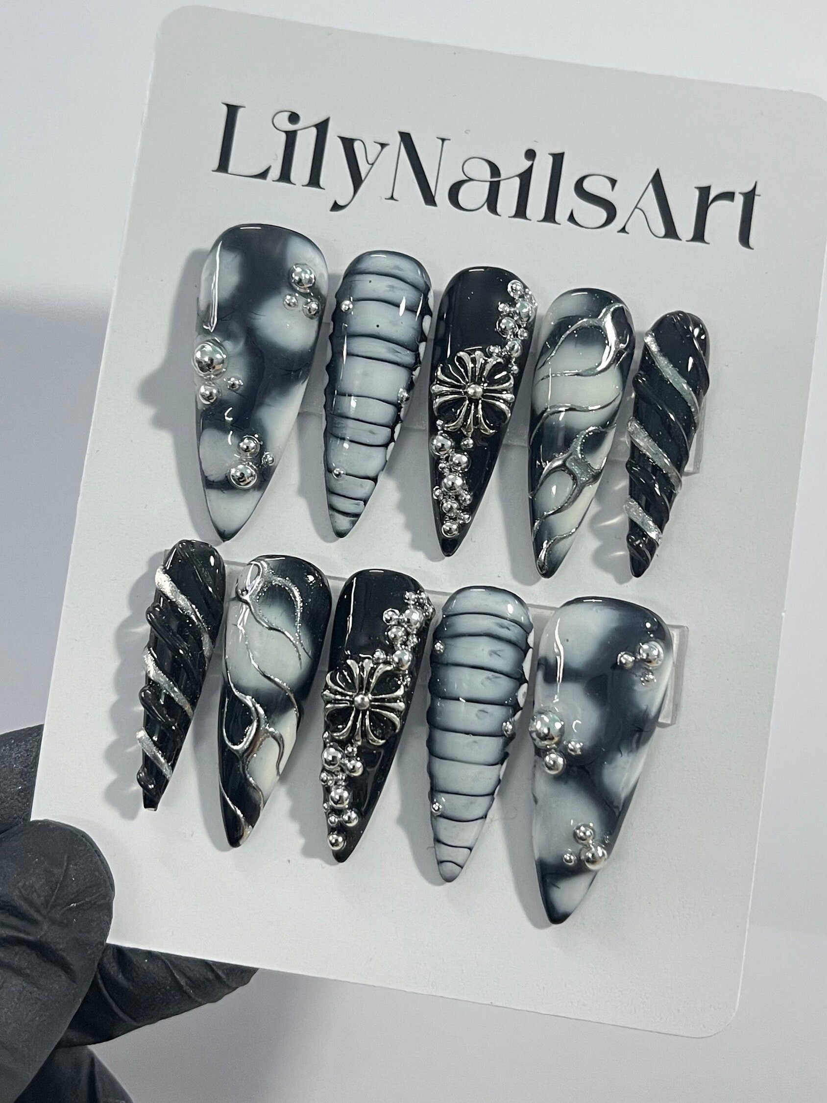 3D Drops Silver on Black Base Silver Cross Long Stiletto Press On Nails Goth , Gothic Fake Nails