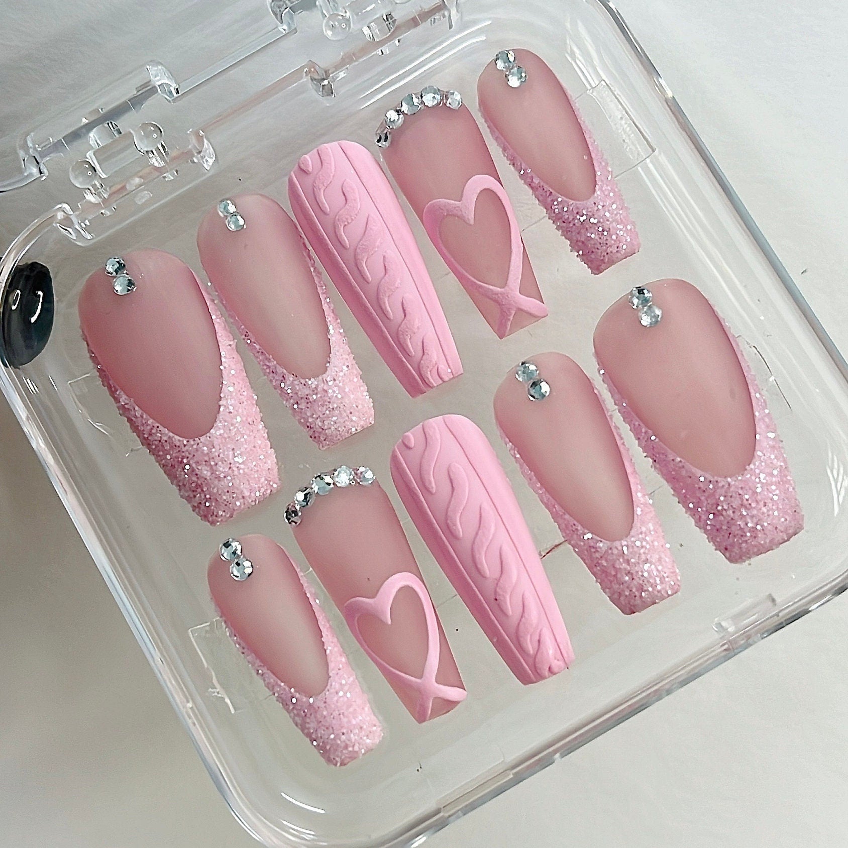 Pink French Tip with Heart Extra Long Coffin Press On Nails, Luxury Fake Nails, False Nails, Glue On Nails