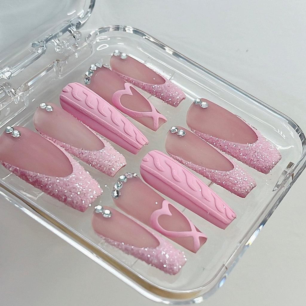 Pink French Tip with Heart Extra Long Coffin Press On Nails, Luxury Fake Nails, False Nails, Glue On Nails