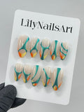 Free Style Blue & Nude Almond Press On Nails, Custom Handpainted Fake Nails, Short Nails for Birthday Party