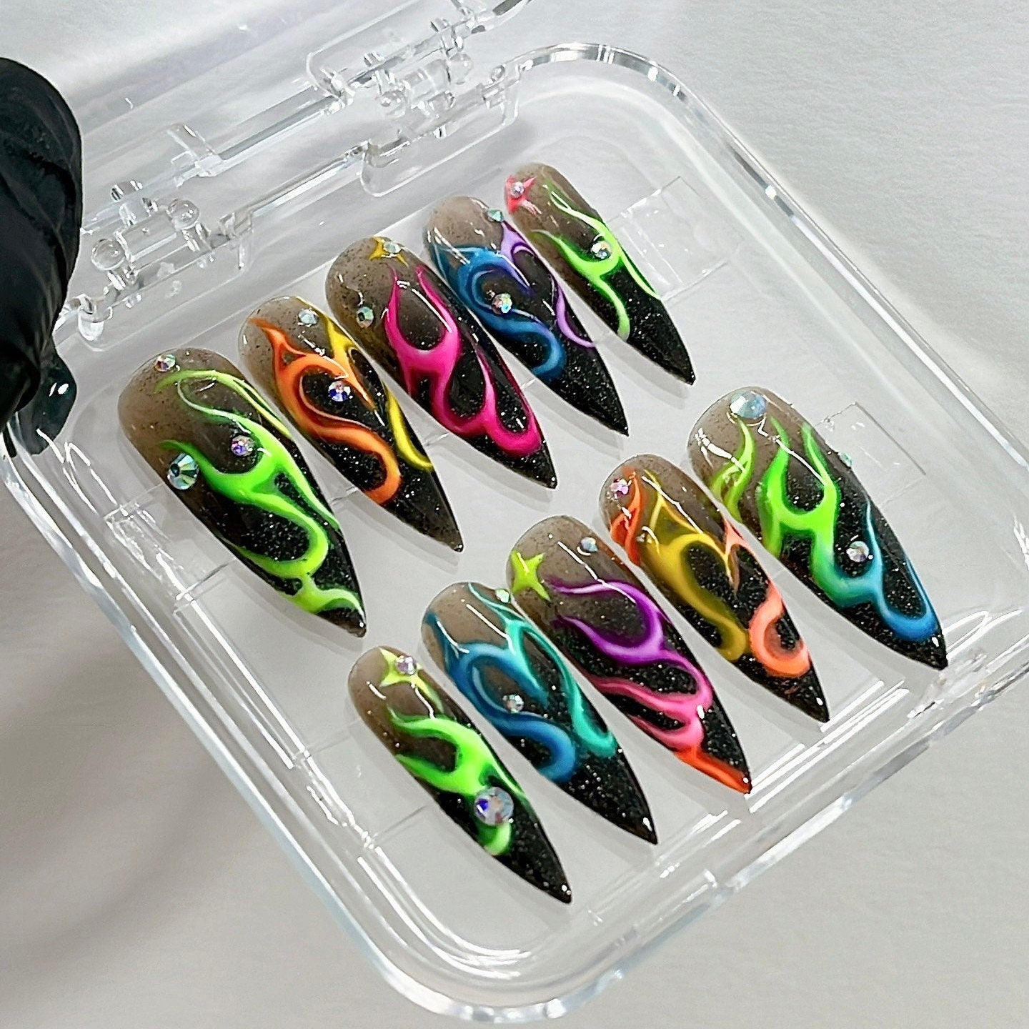 Colorful Flaming Long Stiletto Press On Nails, Handpainted Aura Fake Nails, Custom Made False Nails for Birthday Party