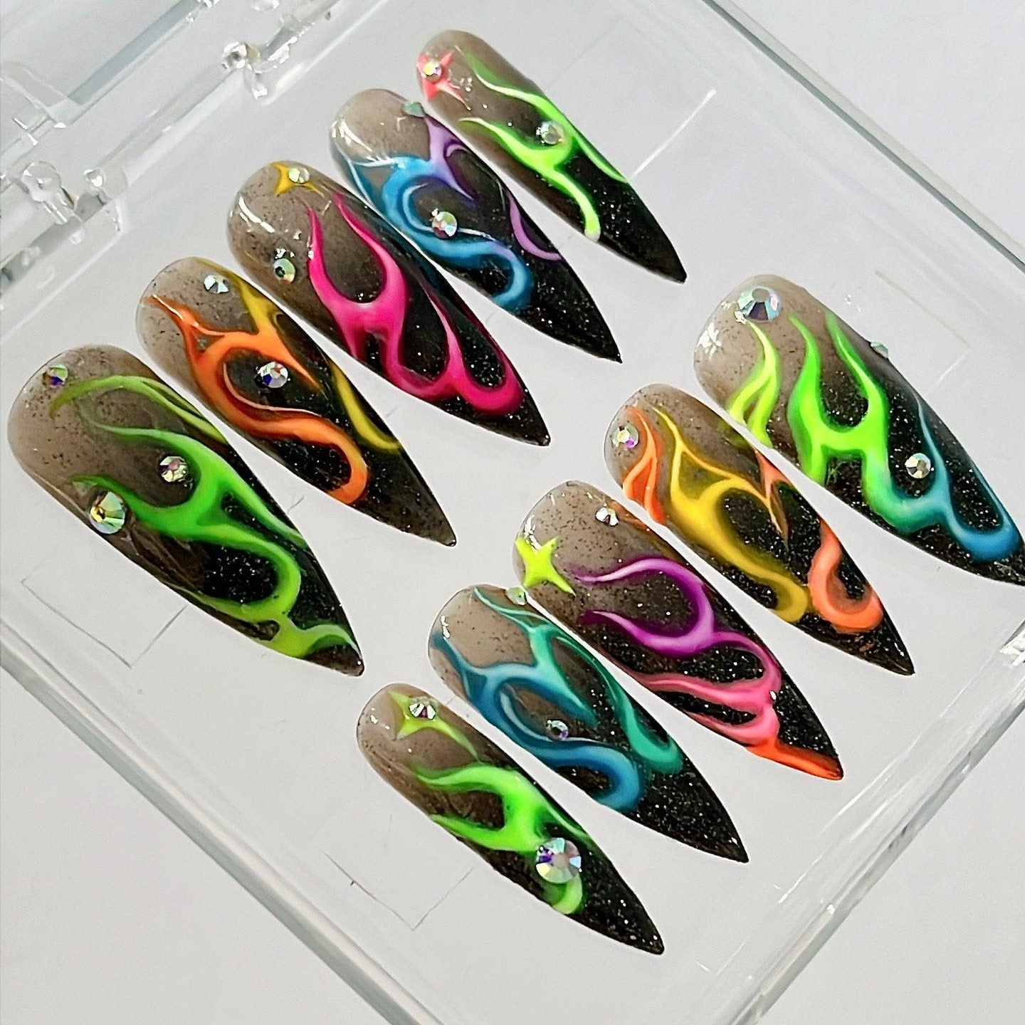 Colorful Flaming Long Stiletto Press On Nails, Handpainted Aura Fake Nails, Custom Made False Nails for Birthday Party
