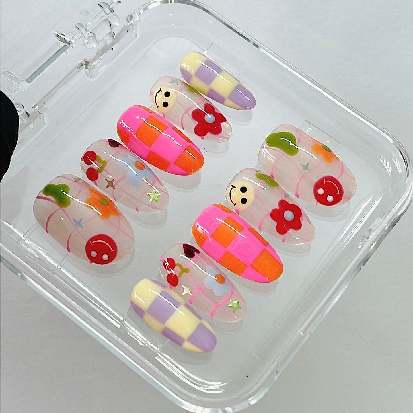 Colorful Checkered and Flower, Funface On Almond Press On Nail, Custom Handpainted Fake/False Nail, Floral Nails, Spring Nails