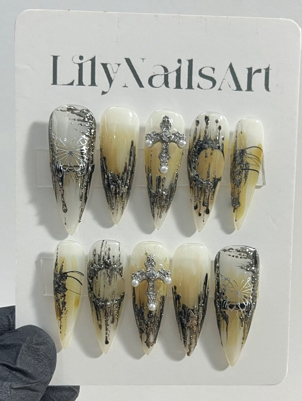 Silver Cross & Metallic Chrome On Gold Long Stiletto Press On Nails Goth, Custom Handpainted Acrylic Fake Nails, Y2K Nails