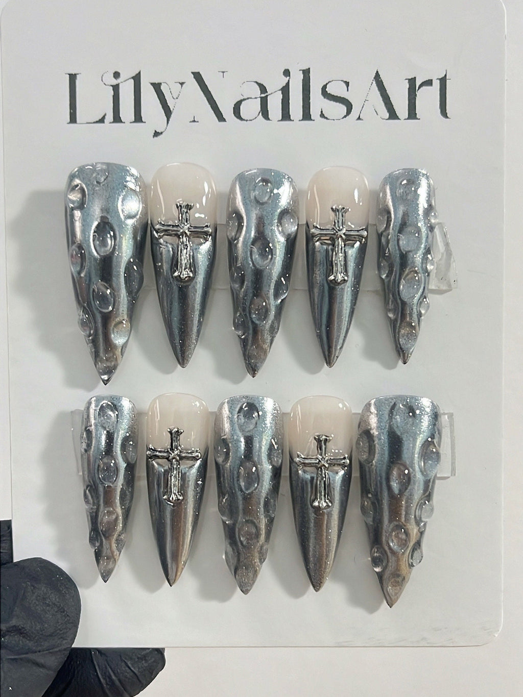 Silver French Tip with Antique Silver Cross and 3D Drops Long Stiletto Press On Nails Goth, Gothic Fake Nails, Y2K