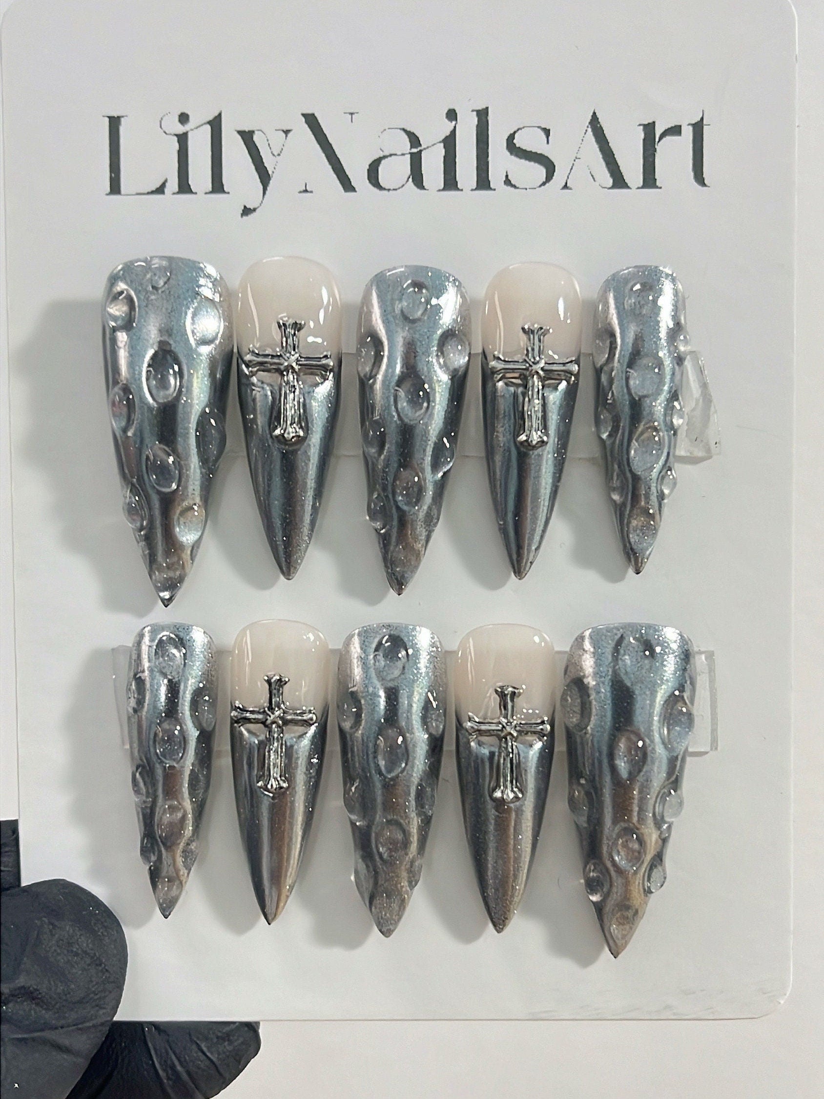 Silver French Tip with Antique Silver Cross and 3D Drops Long Stiletto Press On Nails Goth, Gothic Fake Nails, Y2K