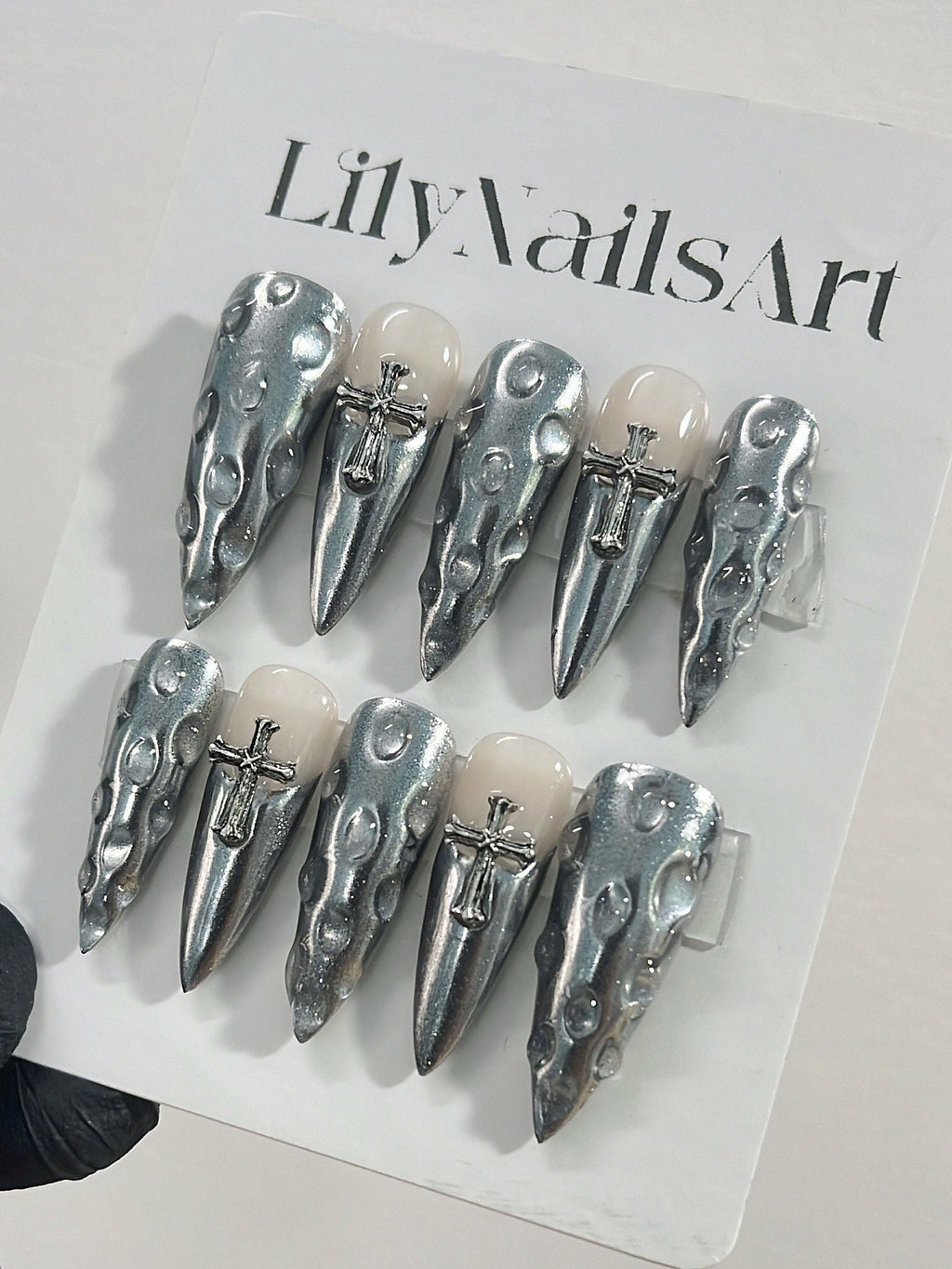 Silver French Tip with Antique Silver Cross and 3D Drops Long Stiletto Press On Nails Goth, Gothic Fake Nails, Y2K