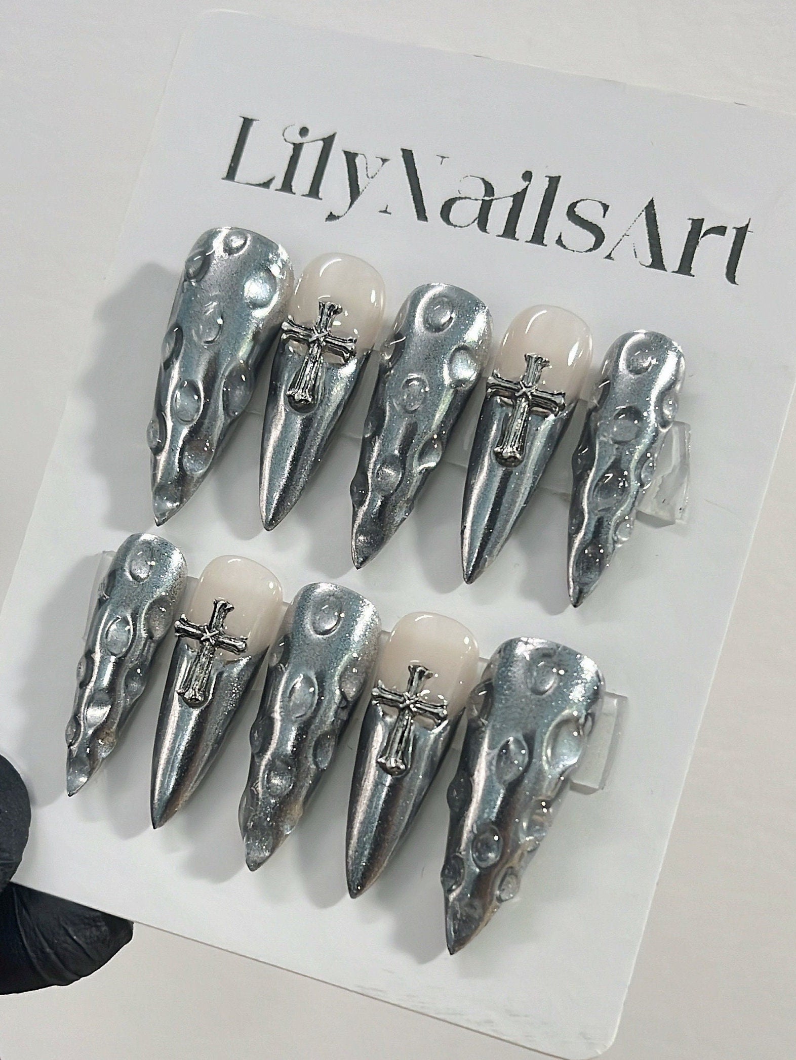 Silver French Tip with Antique Silver Cross and 3D Drops Long Stiletto Press On Nails Goth, Gothic Fake Nails, Y2K