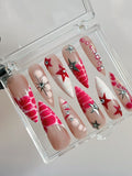 White and Red French Tip With Stars Long Stiletto Press On Nails Goth, Custom Gothic Fake Nails, Emo Y2K Nude Nails