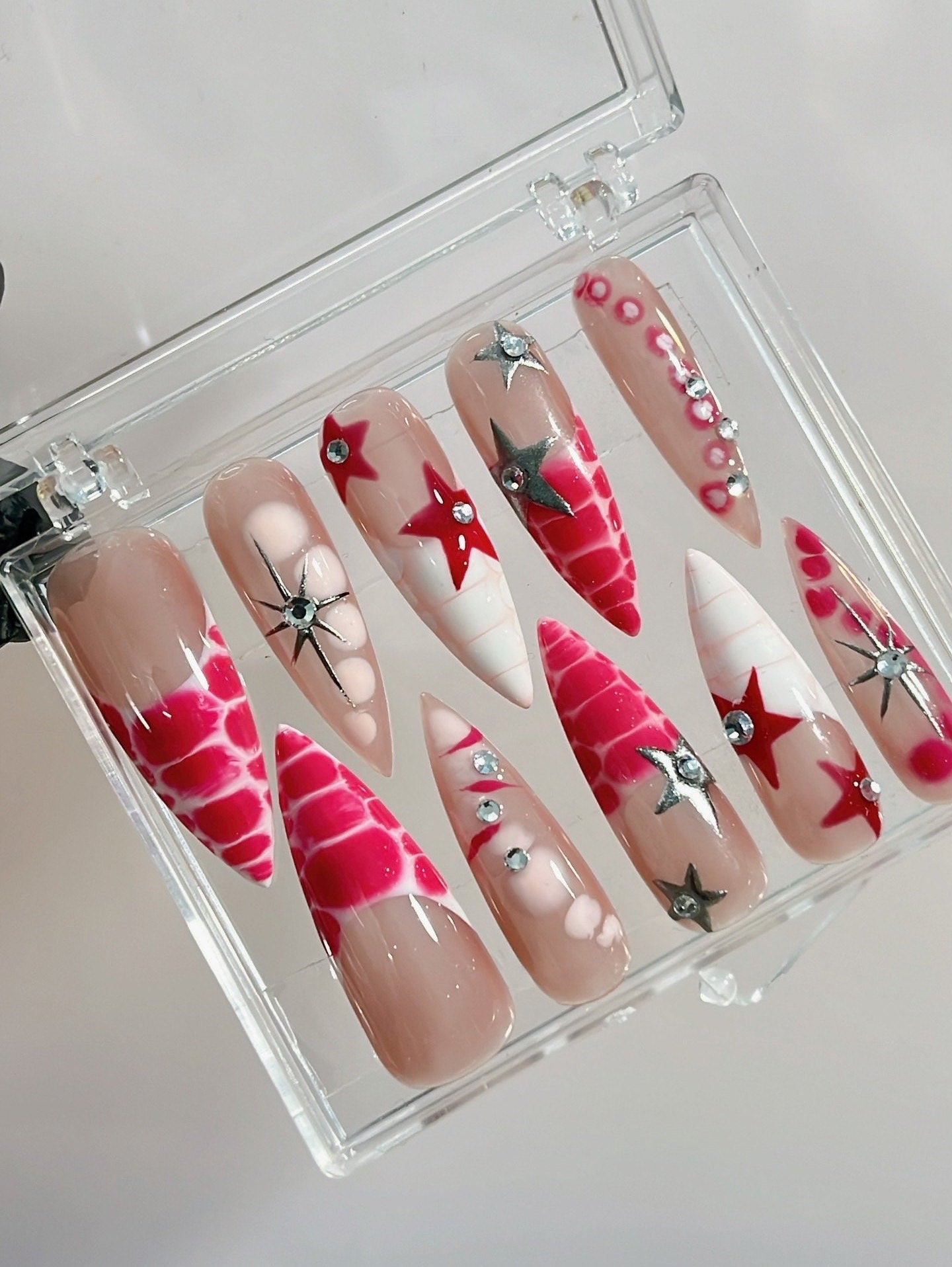 White and Red French Tip With Stars Long Stiletto Press On Nails Goth, Custom Gothic Fake Nails, Emo Y2K Nude Nails