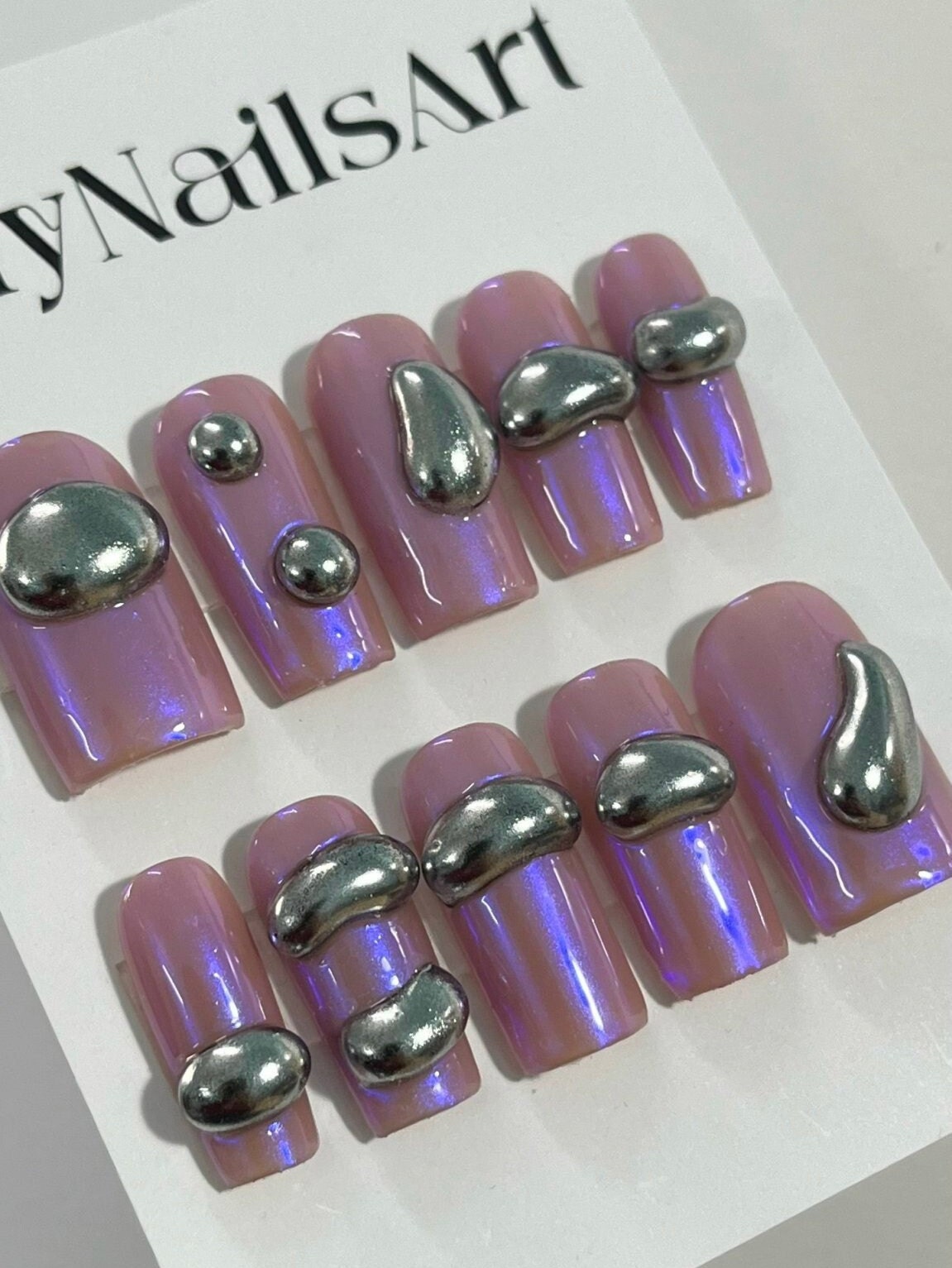 3D Silver Drops in Pink Almond Press On Nails, Custom Fake Nails, False Nails, Trendy Glue on Nails, Luxury Nail Art