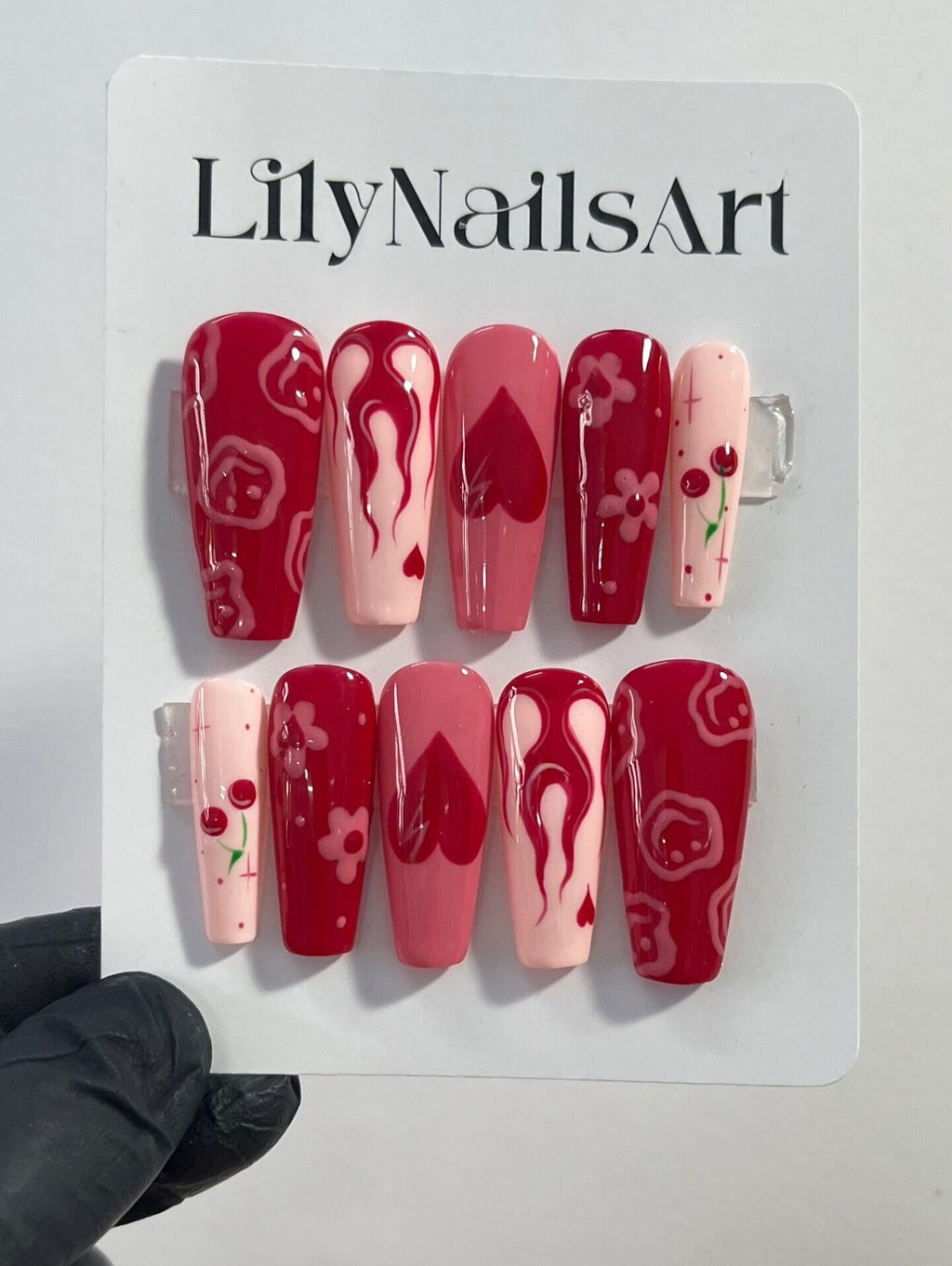 Flaming, Cherry and Heart in Red & Pink Almond Press On Nails, Valentine Nail Cute, Fake Nails, False Nails, Glue on Nails, Gel Nail Art