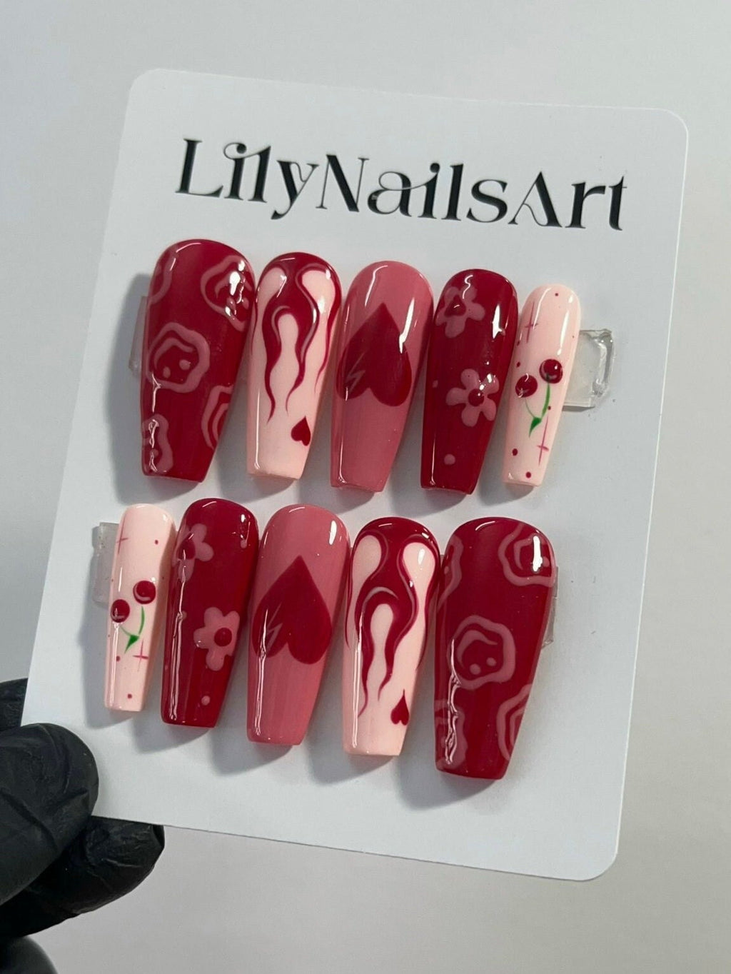 Flaming, Cherry and Heart in Red & Pink Almond Press On Nails, Valentine Nail Cute, Fake Nails, False Nails, Glue on Nails, Gel Nail Art