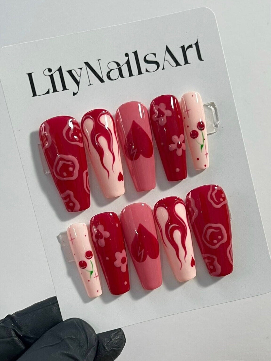 Flaming, Cherry and Heart in Red & Pink Almond Press On Nails, Valentine Nail Cute, Fake Nails, False Nails, Glue on Nails, Gel Nail Art