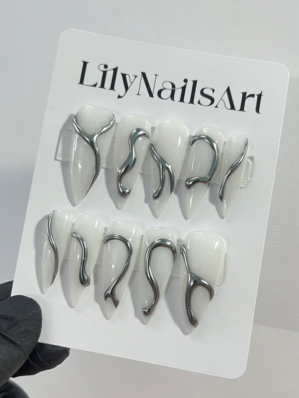 3D Gel Metallic Silver On Milky White Stiletto Press on Nail Goth, Custom Luxury Handpained Gothic Fake Nails, Emo Y2K