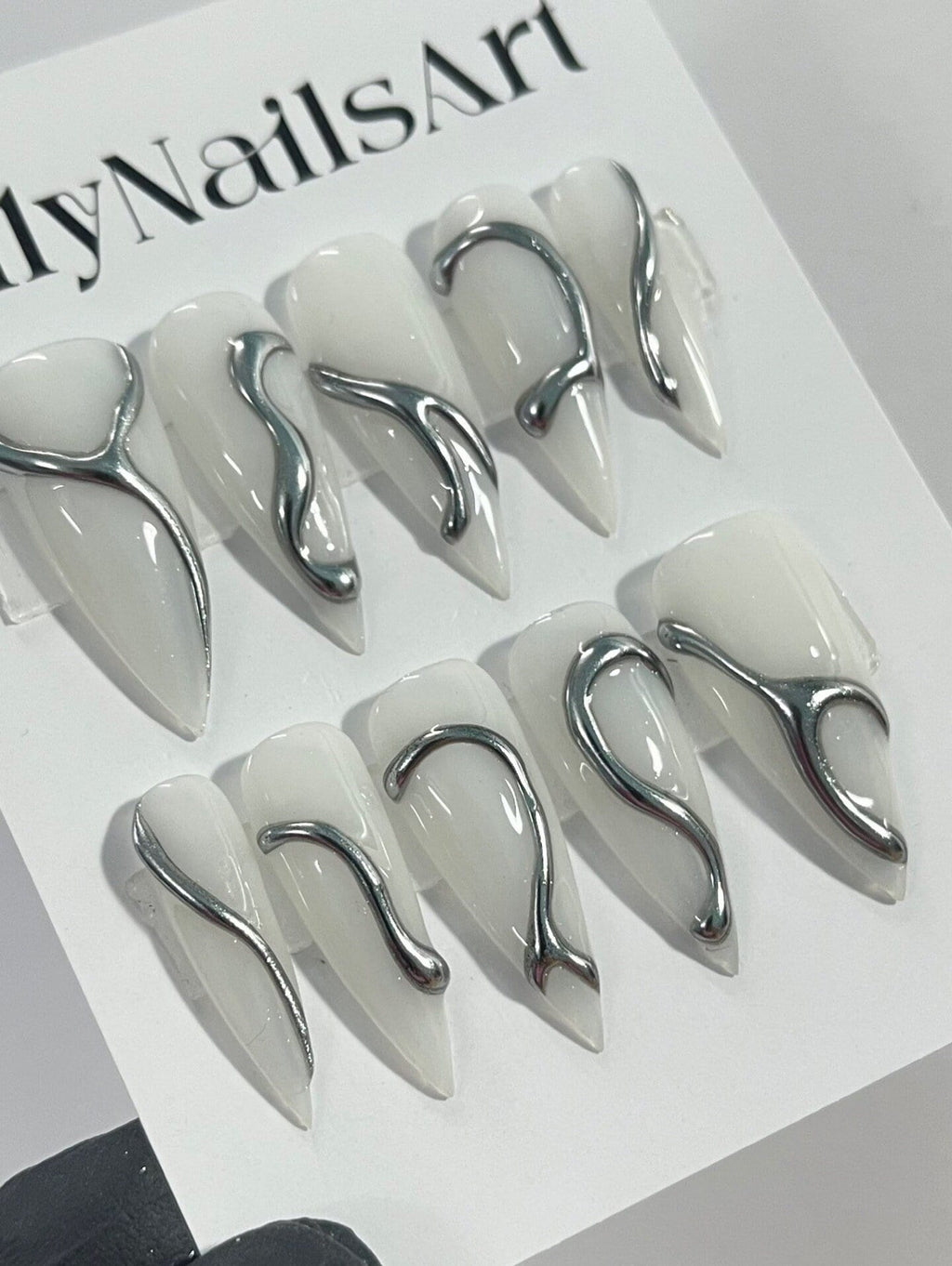 3D Gel Metallic Silver On Milky White Stiletto Press on Nail Goth, Custom Luxury Handpained Gothic Fake Nails, Emo Y2K