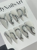 3D Gel Metallic Silver On Milky White Stiletto Press on Nail Goth, Custom Luxury Handpained Gothic Fake Nails, Emo Y2K
