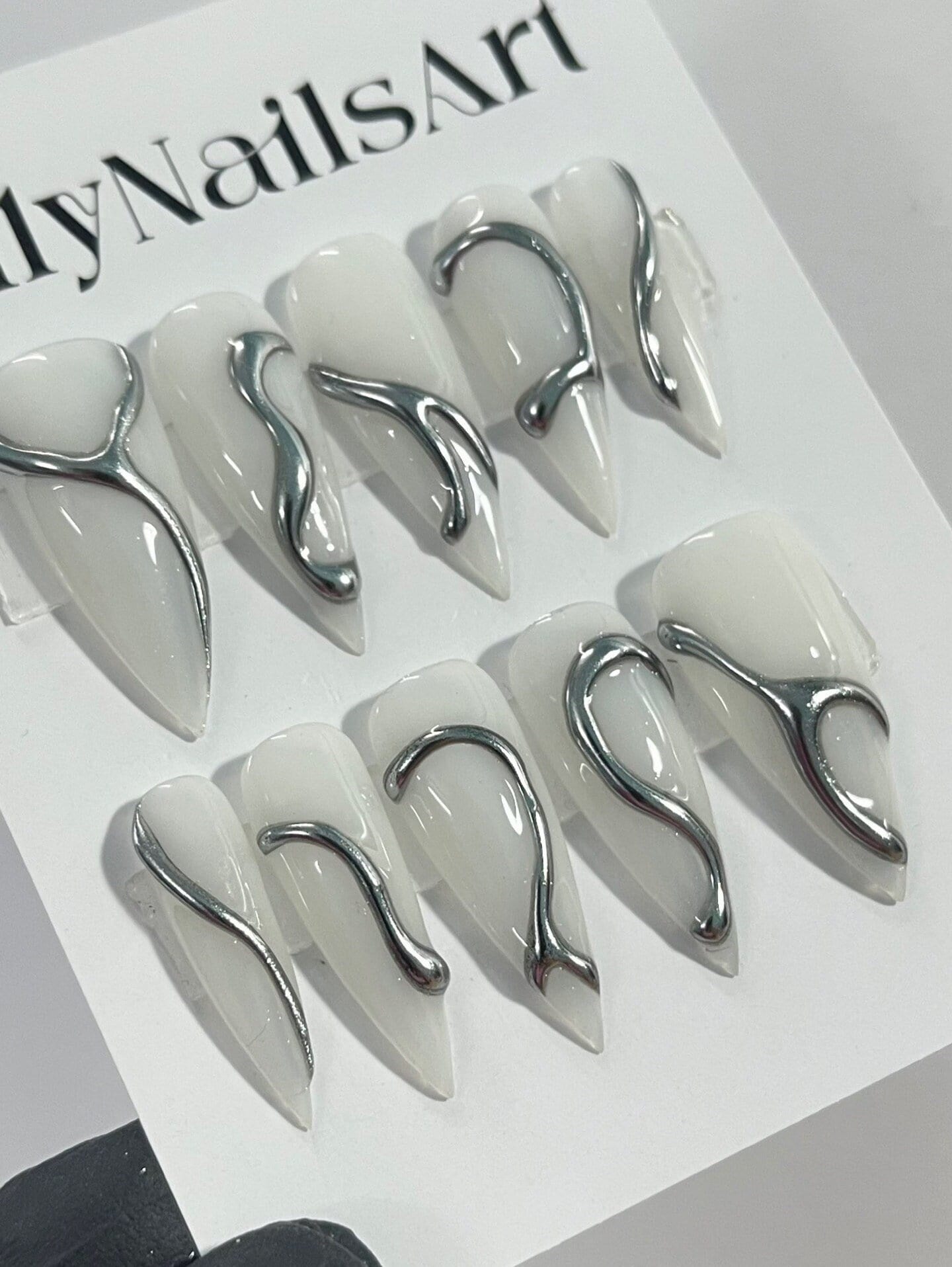 3D Gel Metallic Silver On Milky White Stiletto Press on Nail Goth, Custom Luxury Handpained Gothic Fake Nails, Emo Y2K